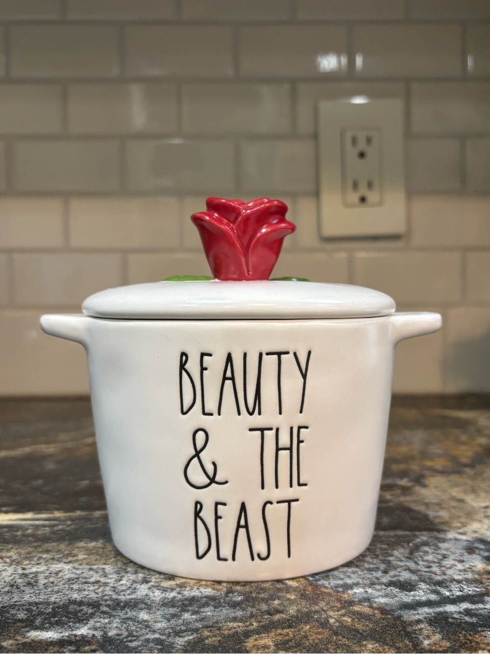 Beauty & The Beast Ceramic Ramekin with Red Rose Lid Rae Dunn